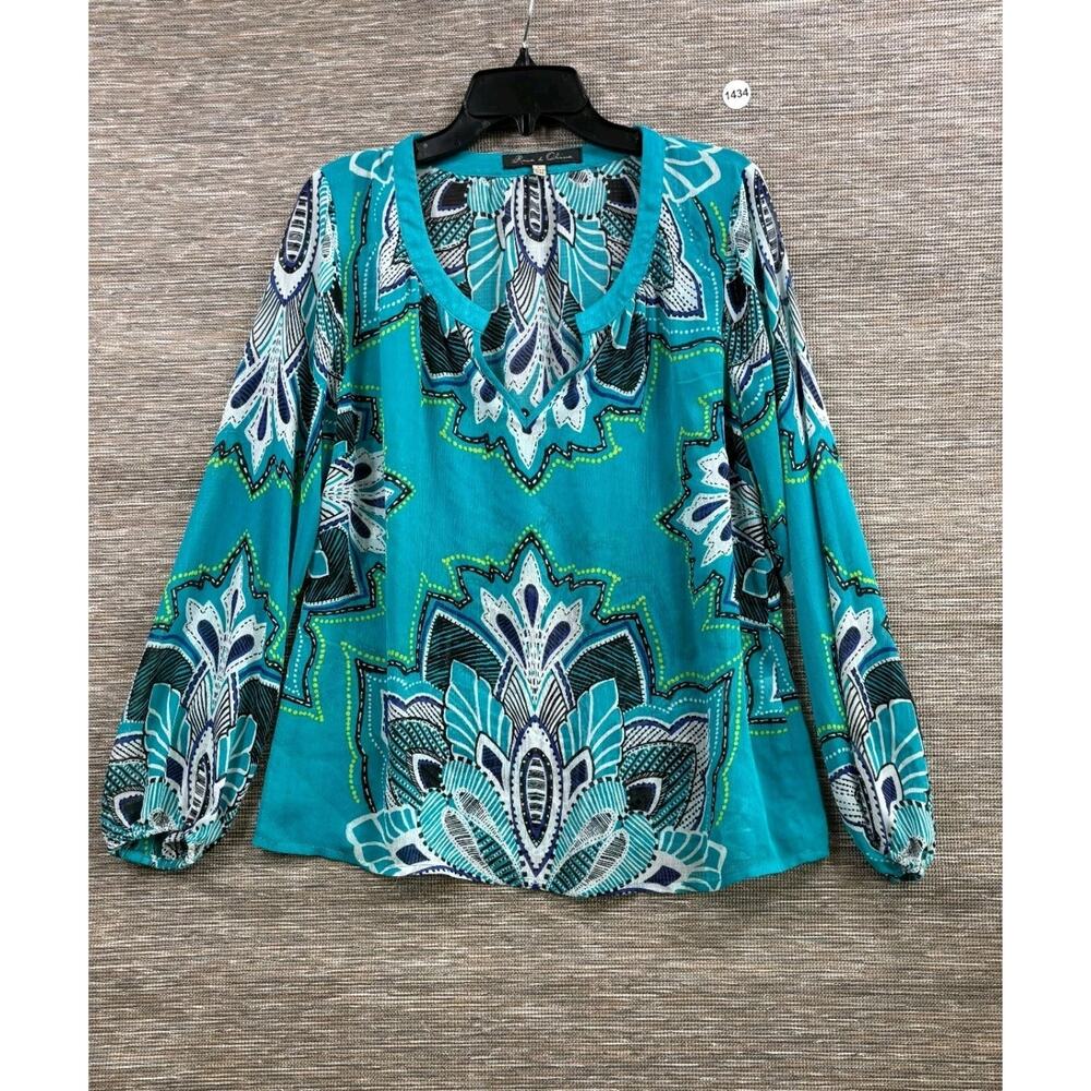 Rose + Olive Shirt Blouse Boat Neck Womens Size L Black Aqua Floral Geometric
